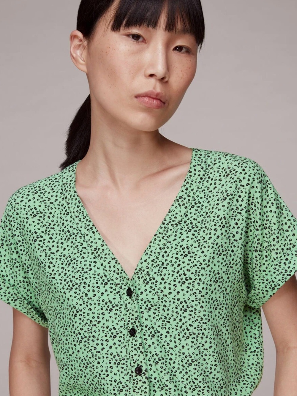 NEW Whistles Green Leopard Print V-Neck Button Front Blouse UK 10 US 6